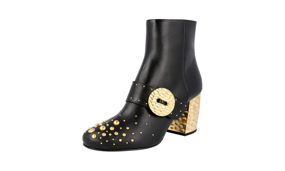 PRADA ANKLE BOOTS SHOES 1T819H BLACK GOLD BUTTON HEEL US 9 EU 39 39 5 UK 6