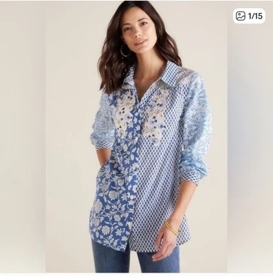 Soft Surroundings Capelle Grande Crema Azul Cobalto Ojales Encaje Bordado Floral Foto 1 de 4