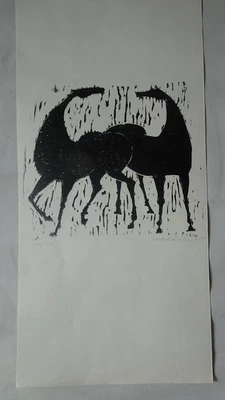 Holz- oder Linoldruck signiert und dat. Dolberau (Dolbeau?) 65 2 Pferde - Bild 1 von 4