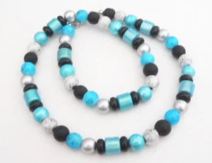 Halskette Perlen Glas Miracle, Türkis, Silber, Schwarz Glitzer 498e - Bild 1 von 15
