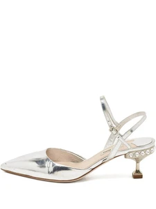 MIU MIU Silver Pointed Toe Crystal Ankle Strap Slingback Kitten Heels 38.5/8.5 - Picture 1 of 7