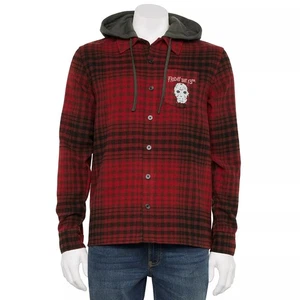 Friday The 13th Hooded Flannel Shirt Shacket Men Sm Red Plaid Jason Voorhees NWT - Picture 1 of 7