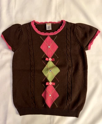 Gymboree Girls Brown & Pink Argyle Pullover Sweater Sz M (7-8) Bows Gems Flowers - Image 1 of 4