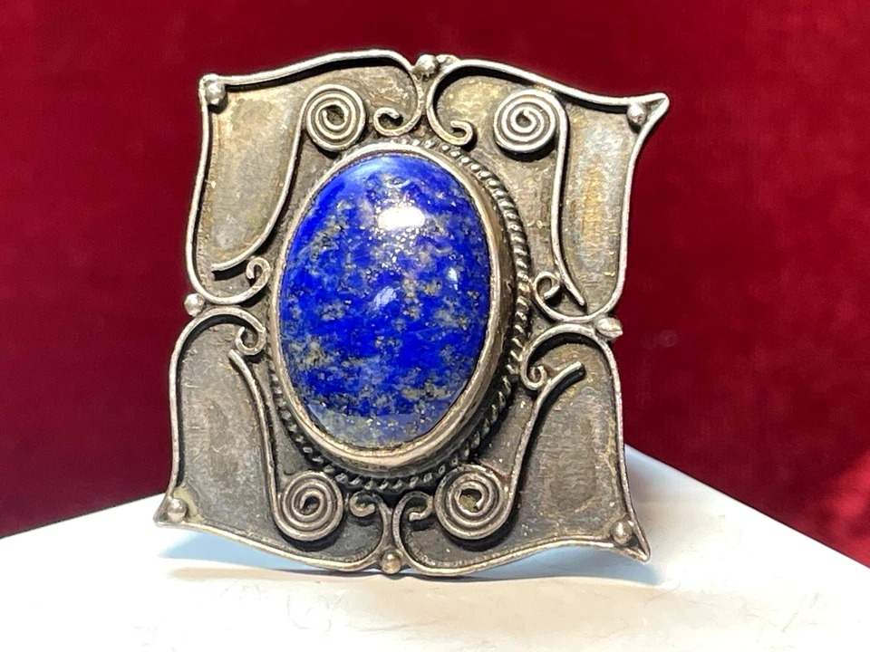ANILLO LAPISLÁZULI PLATA ESTERLINA PIEDRA PRECIOSA NATURAL ANTIGUA FIRMADO 12 QUILATES Foto 1 de 4