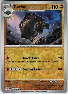 Pokemon Carkol 094/162 SV05: Temporal Forces NM Reverse Holo card - Image 1 of 2