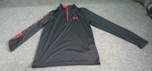 Underarmour Boys Shirt L-S L YLG Black/Red Zip Athletic Workout Loose Heatgear - Picture 1 of 7