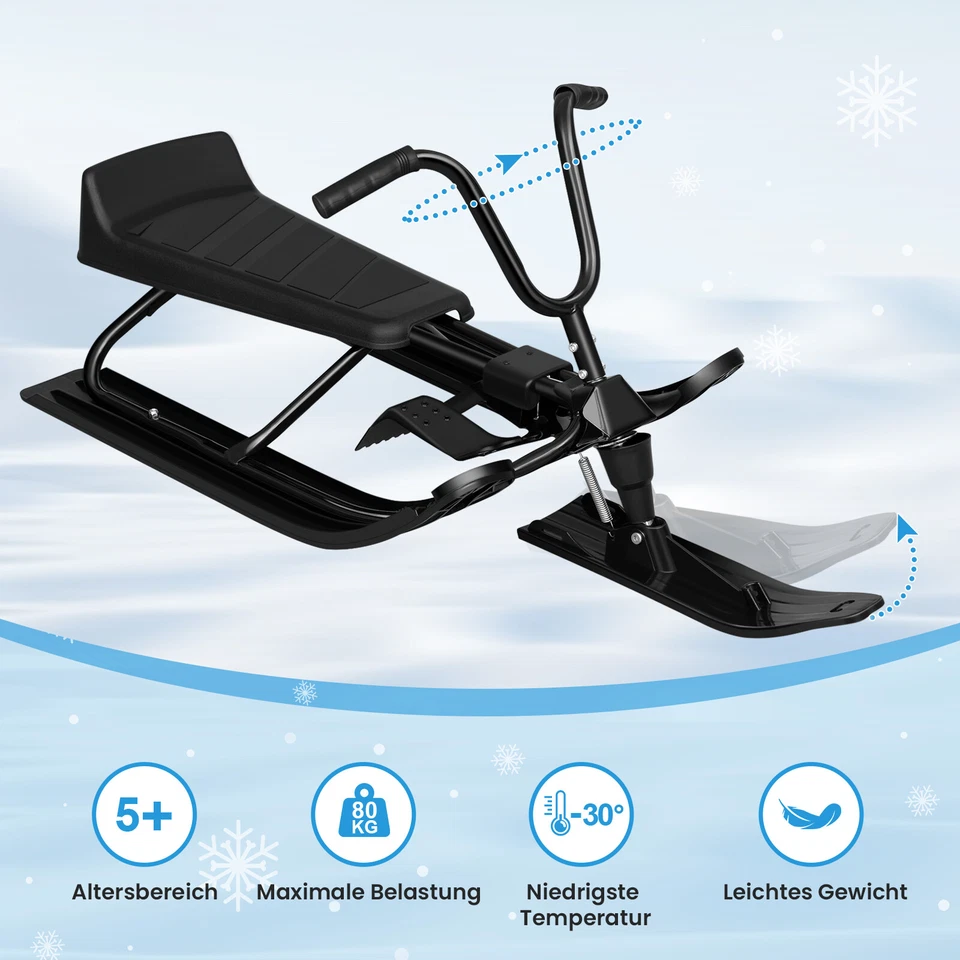Lenkschlitten Bob mit Lenkrad 2 Fußbremsen Zugseil Kufenlenkung Kinderschlitten - Bild 1 von 4