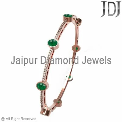 Natural Pave Diamond Emerald Gemstone 14K Rose Gold Bangle Gift Jewlery Bracelet - Image 1 of 4