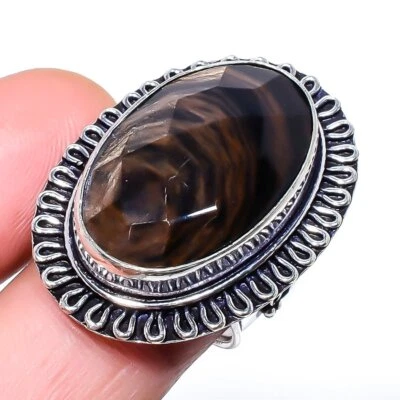 Anillo de plata de ley 925 con piedras preciosas de obsidiana negra natural tamaño 7,5 p293 Foto 1 de 4