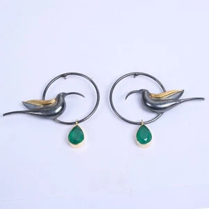 Pear Shape Green Onyx May Birthstone Black Oxidized Bird Earrings - Picture 1 of 5