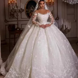 Neue Braut Brautkleid Spitze Langarm Hoch Taille Eine Schulter Brautkleid - Bild 1 von 6