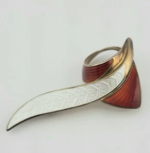 Vintage Aksel Holmsen Norway Sterling Orange-Red & White Guilloche Leaf Brooch - Picture 1 of 8