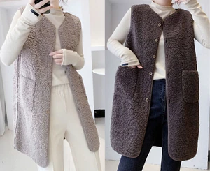 Abrigo chaqueta borrosa polar con botones bolsillos chaleco de lana sintética sin mangas para mujer - Imagen 1 de 9