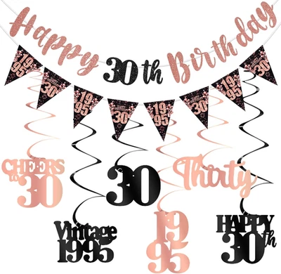 30Th Birthday Decorations for Her, Black Rose Gold Happy 30Th Birthday Banner Ha - Image 1 of 4