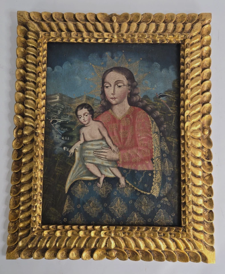 Vintage Cuzco Style Madonna and Child Original Oil Painting, 21 by 17 Inches - Image 1 of 4