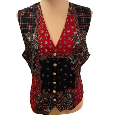 Chaleco Liz Claiborne Vintage Estampado Talla 10 Azul Marino y Rojo Patchwork Floral Foto 1 de 4