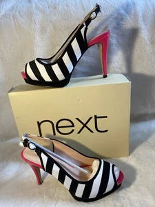 Next. Black & White Platform Stilettos (4’ Hot Pink) Sling Backs Size 6. BNWB - Picture 1 of 12