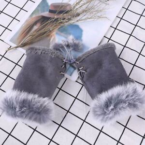 Women Winter Warmer Fingerless Gloves Faux Rabbit Fur Suede Wrist Solid Mitte (