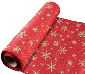 Christmas Red Gold Snowflake Stitched Edged Fabric By Eleganza 29cm x 5 Yards - Picture 1 of 1