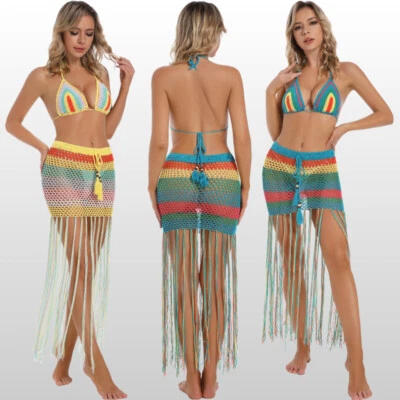 Hand Crochet Woman Beachwear Long Fringed Pencil Skirt Halter Top Bikini Set - Image 1 of 4