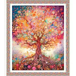 Spring Bling Tree of Life Rebirth Spring Flowers 36x44" Cotton Fabric Panel - Picture 1 of 1