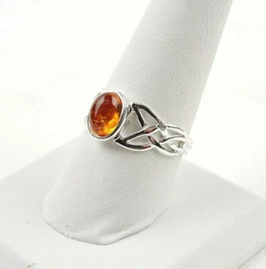 Sterling Silver 2.5 ct Oval Natural Baltic Amber Celtic Ring - Picture 1 of 10