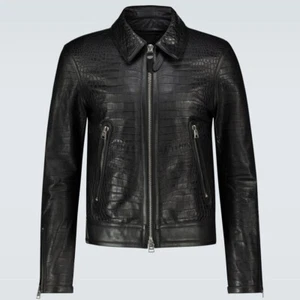 Black Alligator Crocodile Pattern textured on genuine Lambskin leather Jacket - Picture 1 of 3