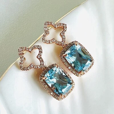 Pendientes colgantes/colgantes de trébol de diamantes y topacio azul cielo sólido de 10 k, nuevos Foto 1 de 4