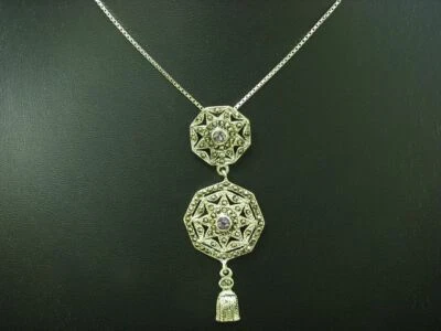 925 Argento Sterling Collana Pendente con Ametista & Marcasite Ricoperto / - Immagine 1 di 4
