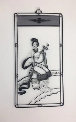 Vintage Antique Metal Painting Chinese Picture Lady is Playing Music Instrument - Image 1 of 3