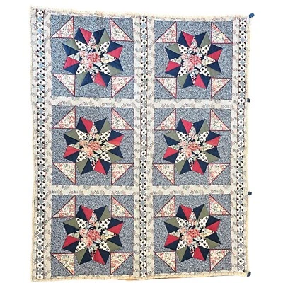 Vintage 90s Hand Stitched Star Quilt Tapestry Wall Hanging Blue Roses Red 44x52 - Image 1 of 4