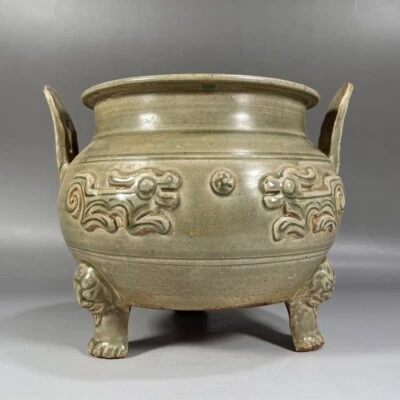 Estufa de tres pies de horno Yue de porcelana antigua china de 8,7" de doble oreja Foto 1 de 4