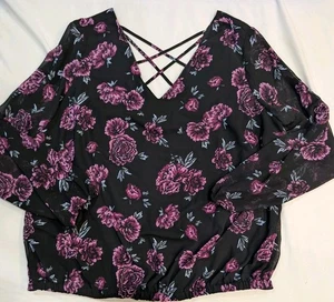 Torrid Size 2 Purple & Black Lined Bodice, Sheer Arms 3/4 Sleeve, Elastic Waist - Picture 1 of 15