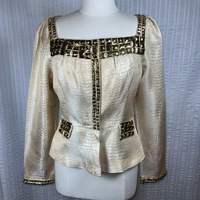 Jaqueta Glam Metálica Arden B com Peplum e Contas Douradas Nova Com Etiqueta M  - Imagem 1 de 4