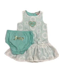 NWT Juicy Couture Baby Eyelet Dress Set 24 Month White Aqua Blue Diaper Cover - Picture 1 of 10