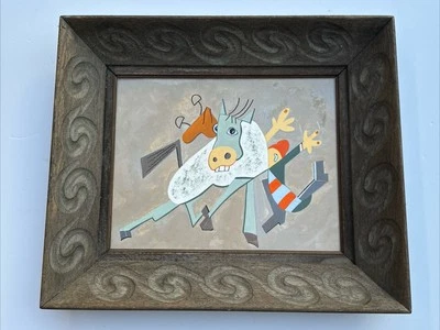 MID CENTURY PAINTING CUBISM COW WOMAN ABSTRACT MYSTERY ARTIST CARVED FRAME - Image 1 of 4