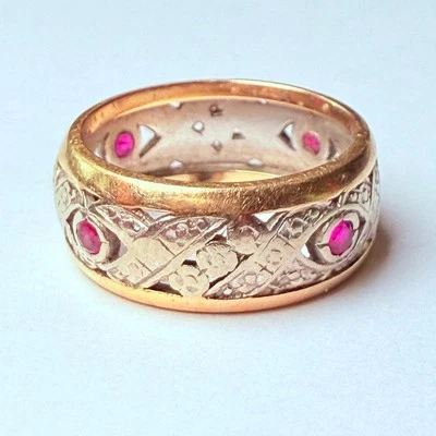 Estate 14k Solid Two Tone Gold Genuine Ruby XO Eternity Band Vintage Ring - Image 1 of 4