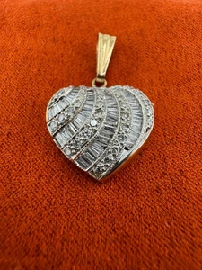 Vintage Round Cut And Tapered Baguette Diamond Heart Pendant Gold Tone - Picture 1 of 5
