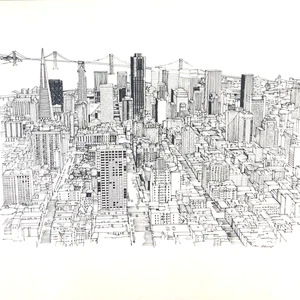 San Francisco City Skyline Vintage Pen & Ink Print M Damogo Bay Bridge - Picture 1 of 6