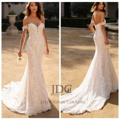 Edles Floral Fit Flare Spitze Brautkleid Hochzeitskleid n.Maß Knöpfe off Träger - Bild 1 von 4