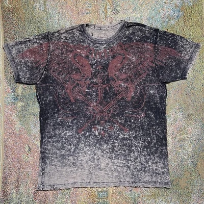 AFFLICTION Y2K 2XL футболка двусторонний родной череп крылья классический AOP выцветший футболка - Изображение 1 из 4