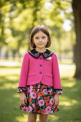 Vestido y chaqueta florales vintage de 2 piezas para niñas 6 mangas abullonadas cuello de pana años 80 90 Foto 1 de 4