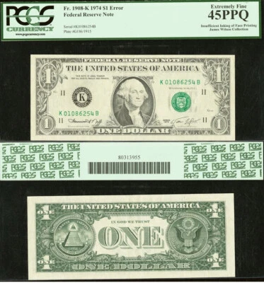 1974 $1 Federal Reserve Note PCGS 45PPQ - Insufficient Inking of Face - Error - Image 1 of 3