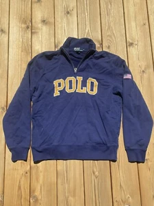 Vintage Polo Ralph Lauren 1/4 Zip Jacke Pullover Spell Out Navy Blau Medium 90’s - Bild 1 von 8