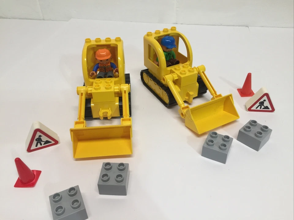 Lego Duplo Construction Pair Bulldozers On Tracks W/ Figures Signs & Gray Blocks - Image 1 of 2