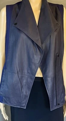 Vince Vest Goat Leather Trim Moto Navy Blue Sleeveless Top Asymmetrical Zip S - Image 1 of 4