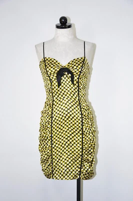 Y2K Betsey Johnson желтый черный горошек шелк без спинки сексуальное мини-платье женщин 6 - Изображение 1 из 4