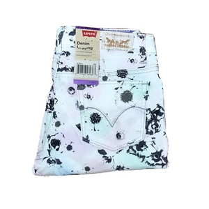 Levis Pants Girl 12 Regular White Floral Denim Leggings Stretch Adjustable Waist - Picture 1 of 10