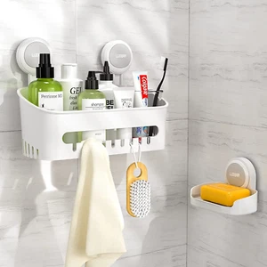 Shower Caddy Suction Cup, Shower Shelf Basket + Soap Dish Holder No-Drilling Re - Picture 1 of 12