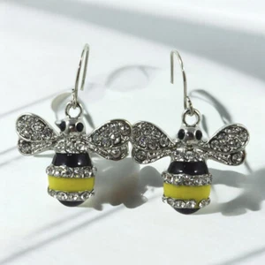Honey Bee Cute Bee Enameled Silver Bumble Bee Earrings - Bee Lover Gift - Picture 1 of 5